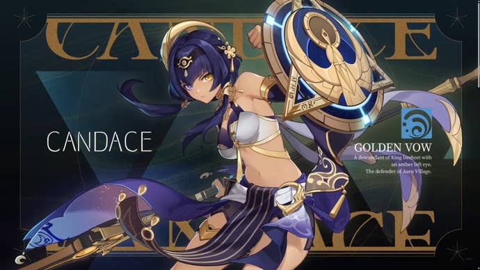 Genshin Impact Candace build: An anime woman holds a spear aloft against a black and gold background