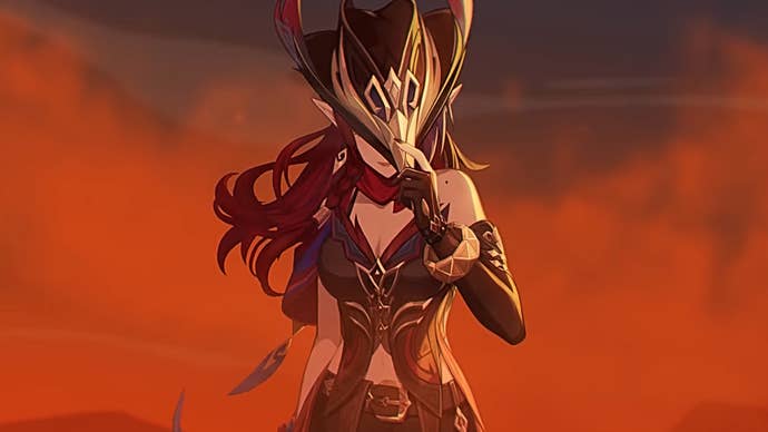 Genshin Impact’s Chasca, an anime woman with long red hair dressed in cowboy chaps, walks away from the sunset, pulling the brim of her hat over her face