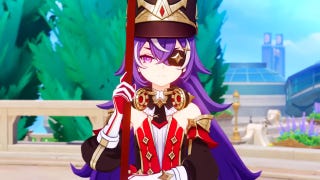 Genshin Impact Chevreuse teams: An anime woman with long purple hair, wearing a red uniform and cylindrical hat, is standing on a white stone street with a red spear in her hands.