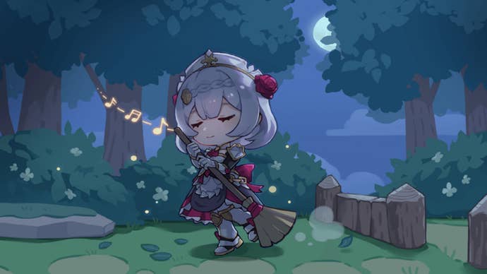 A chibi interpretation of Genshin Impact’s Noelle singing to herself and sweeping in a moonlit garden. The artwork is from a past in-game event.