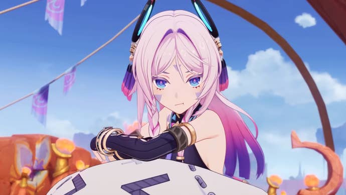 Citlali from Genshin Impact, eating a snack while reclining on her living pillow