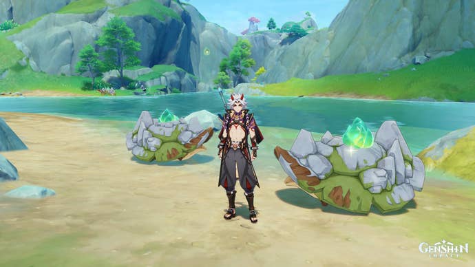 Genshin Impact Clearwater Jade: Genshin’s Arataki Itto is standing next to two tortoise-like creatures with chunks of Clearwater Jade protruding from their backs