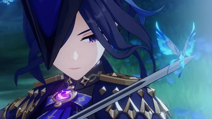 Genshin Impact’s Clorinde, observing a crystalfly on the tip of her sword