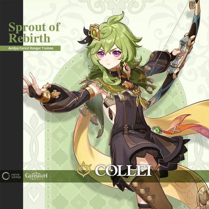 Collei’s full character intro card from Genshin Impact, including her title “Sprout of Rebirth: Avidya Forest Ranger Trainee”.