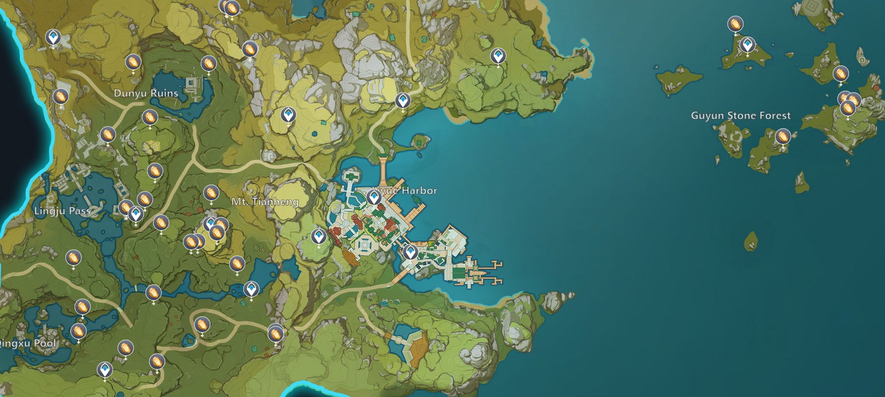 A map of Southern Liyue showing Cor Lapis locations - 6