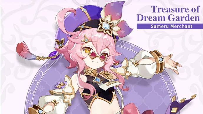 Dori’s character intro card in Genshin Impact, with the caption “Treasure of Dream Garden: Sumeru Merchant”.