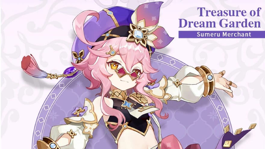Dori’s character intro card in Genshin Impact, with the caption “Treasure of Dream Garden: Sumeru Merchant”.