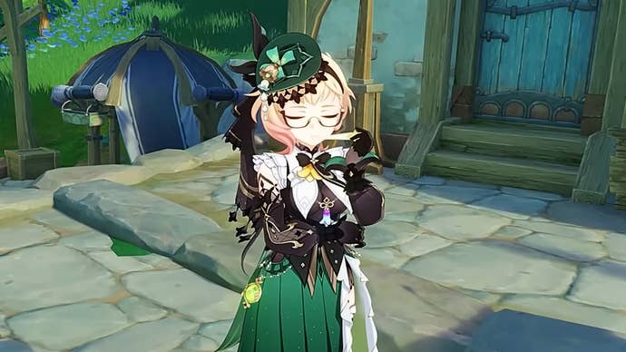 Genshin Impact’s Emilie testing the fragrance of a scent sample