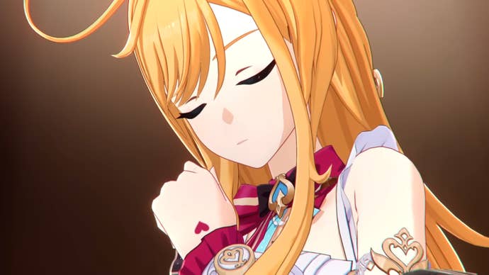 Escoffier of Genshin Impact with her hand under the chin, thinking about the ingredients