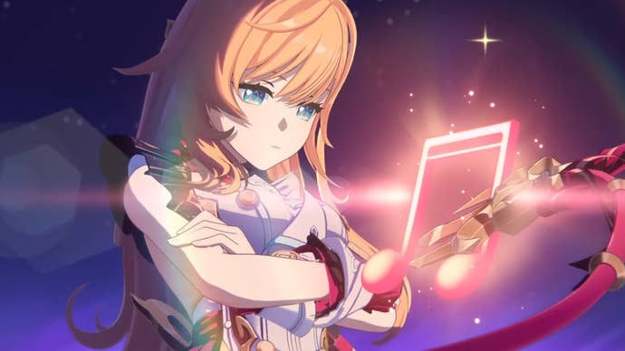 Escoffier from Genshin Impact reviewing a recipe