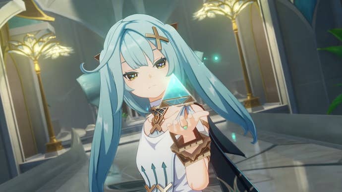 Genshin Impact’s Faruzan examines a blue-glowing pyramidal device that hovers above the palm of her outstretched hand.