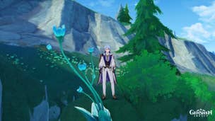 Genshin Impact Foggy Forest Branch locations: An anime man with blue hair stands beside a large blue flowering plant.