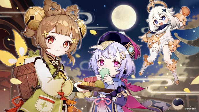 Three chibi Genshin characters snack on cakes on a moonlit night.