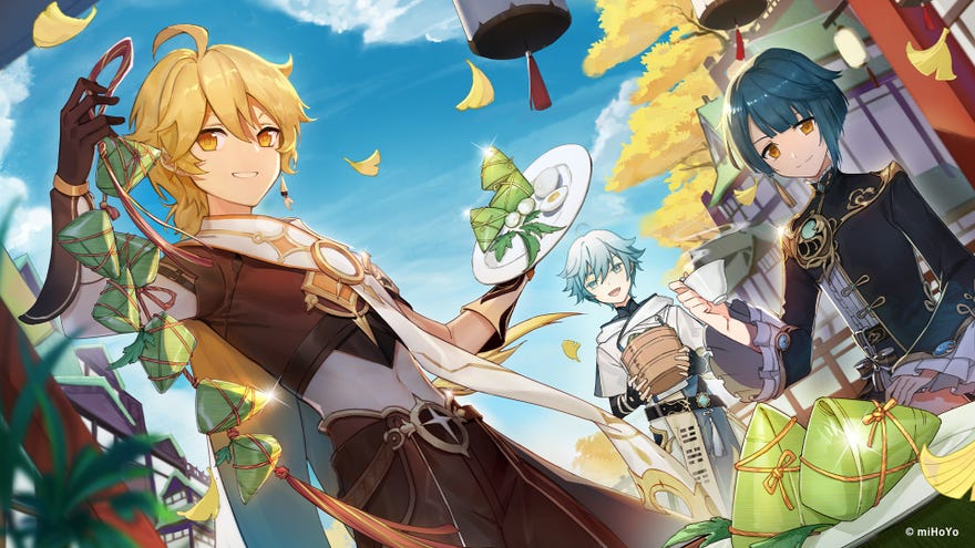 Three characters from Genshin Impact proffer a variety of foods and drinks to the camera.