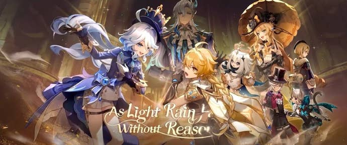 Splash art for Genshin Impact V4.0 “As Light Rain Falls Without Reason”, showing Paimon and the male Traveler (Aether) alongside various new characters from the new region of Fontaine.
