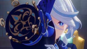 Genshin Impact Furina materials: An anime woman with curly silver hair, wearing an elaborate coat in different shades of blue, is sitting in a gilded chair, holding a stylish blue and black top hat over half of her face