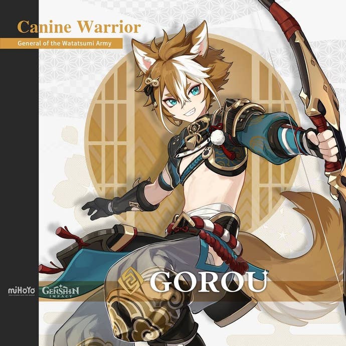 Gorou’s introduction card from Genshin Impact. Text in image reads “Canine Warrior: General of the Watatsumi Army”.