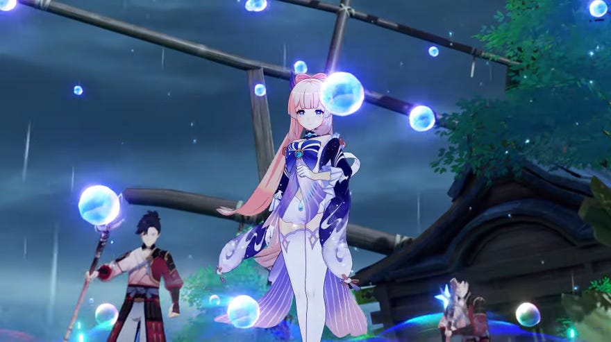 An anime girl in floaty robes surrounded by big rain drops against a stormy background in Genshin Impact