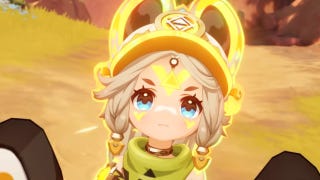 Genshin Impact's Kachina riding her Twirly device along a mountain path in Natlan