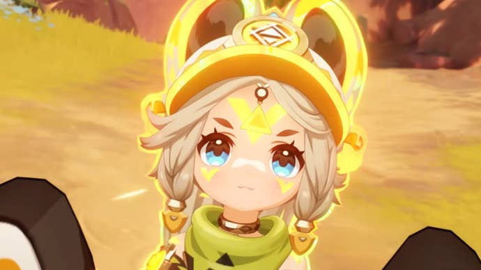 Genshin Impact’s Kachina riding her Twirly device along a mountain path in Natlan