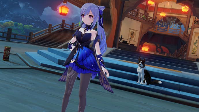 Keqing’s Opulent Splendor outfit in a Genshin Impact screenshot.