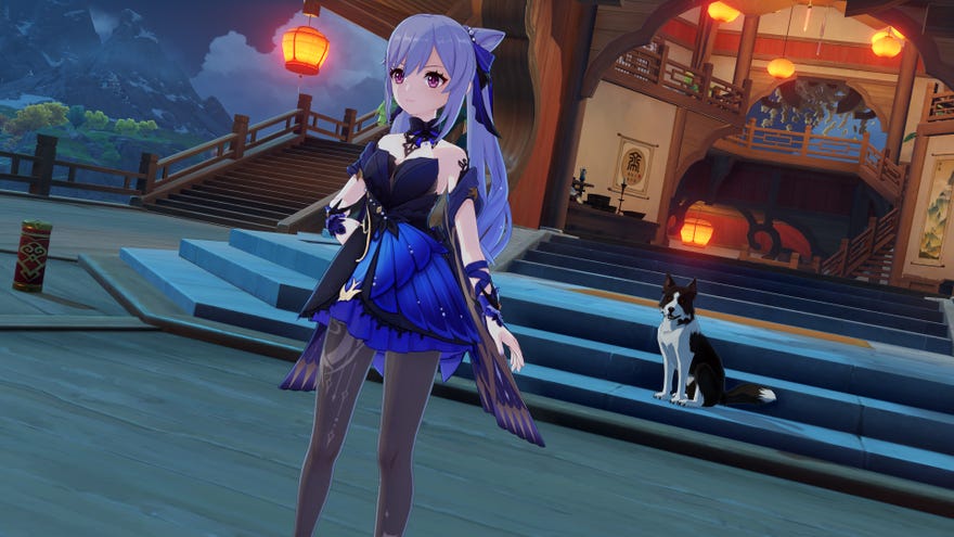 Keqing’s Opulent Splendor outfit in a Genshin Impact screenshot.