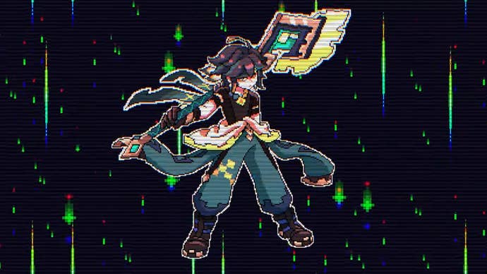 Genshin Impact’s Kinich in pixel form, standing against a black background with his signature claymore hoisted on his shoulder