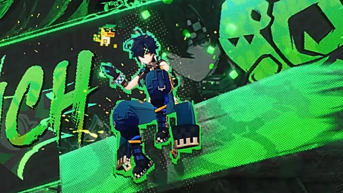 Genshin Impact’s Kinich sitting on a ledge splashed with neon green paint, with stylized letters spelling his name out next to him