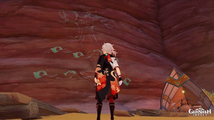 Genshin Impact Kory Drum score: An anime man with crimson and brown clothing is standing on a sandy hill in front of a redstone wall. A tree with leaves in different patterns are painted on the wall