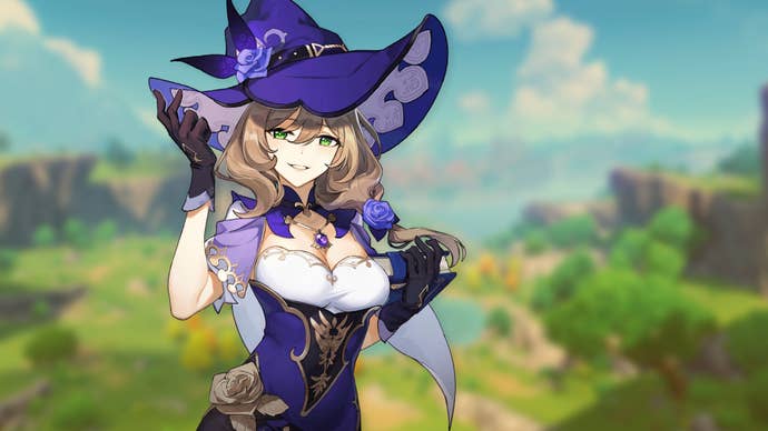 Promotional art of the character Lisa from Genshin Impact.