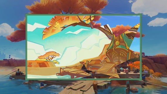 Image 2: The image shows a poster with a cartoon landscape on it, which features a lake, a wooden dock, and a building nestled under a tree