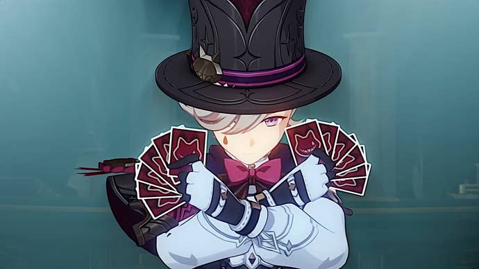 Genshin Impact Lyney build: An anime young man wearing a waistcoat and top hat is holding a hand of cards in each hand against a green background