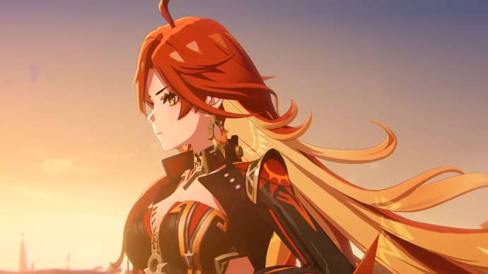 Mavuika from Genshin Impact, a tall anime woman with long red hair, wearing a leather bodysuit