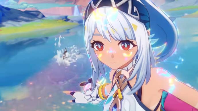 Genshin Impact’s Mualani, surfing on her shark across a pool of phlogiston in Natlan