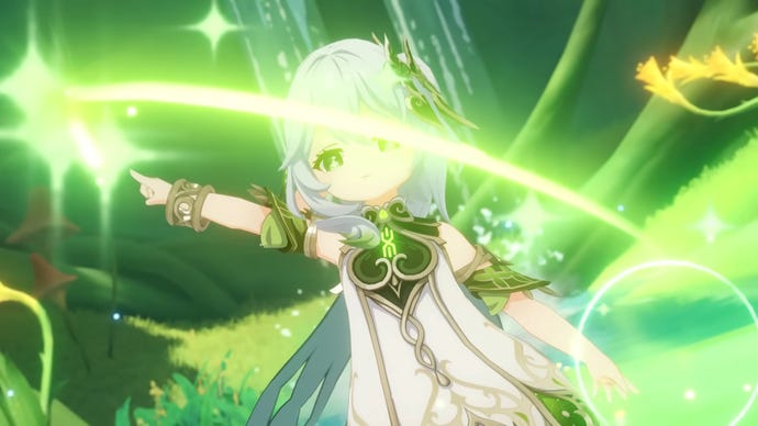 Genshin Impact’s Nahida draws shapes in the air with a green glowing starburst of her Dendro magic.