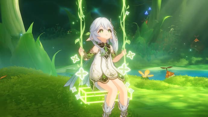 In a glowing forest glade, Genshin Impact’s Nahida plays on a swing formed by her own Dendro magic.