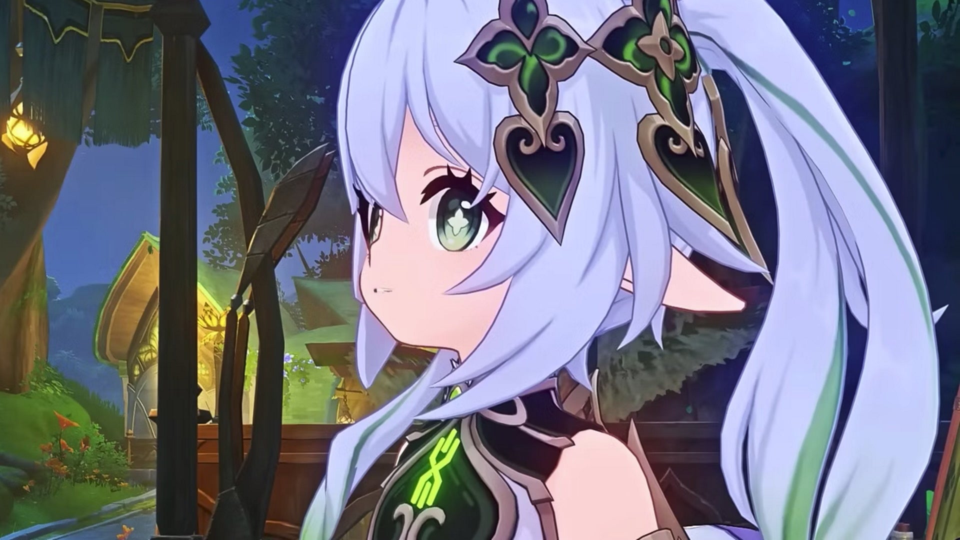 Genshin Impact Nahida build: An anime girl in a green dress looks out into the night - 4