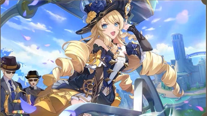 Genshin Impact’s Navia standing on the edge of a ship overlooking Fontaine’s main city