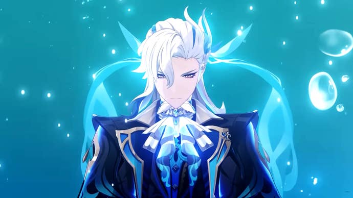 Genshin Impact Neuvillette build: A tall anime man with flowing white hair, wearing a chic blue coat with a buoyant cravat, is standing underwater, surrounded by bubbles.