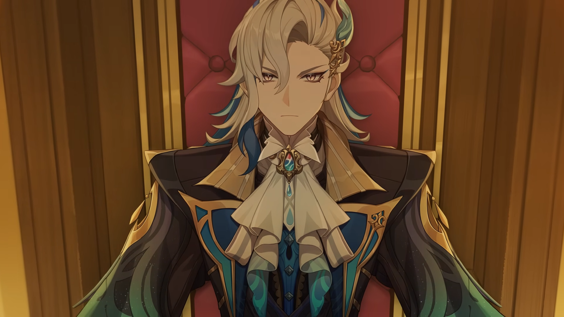 Neuvillette stares down the viewer from his judge's chair in Fontaine's gilded courtroom.