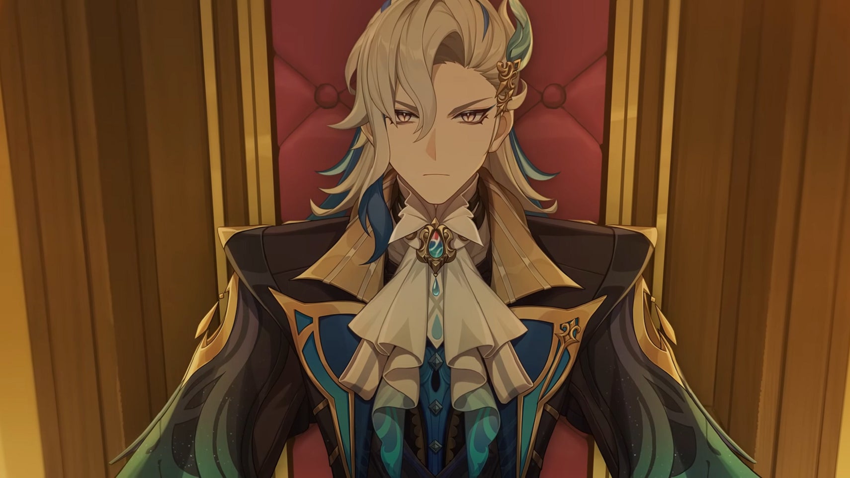 Neuvillette stares down the viewer from his judge's chair in Fontaine's gilded courtroom. - 1