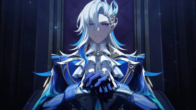 Genshin Impact’s Neuvillette, sitting in darkness with his hands folded across the top of his cane