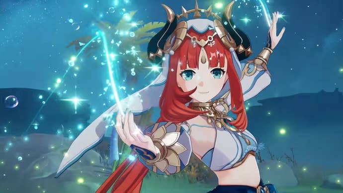 Nilou dances with her water powers in a desert oasis in Genshin Impact.