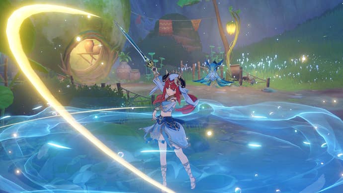 Genshin Impact Nilou materials: An anime woman with red hair in pigtails, wearing a blue and white dress with an elaborate horned headpiece, is standing on a dirt path outside a brightly lit acorn home. A pool of water surrounds her, and she’s stepping forward while slashing upward with a sword