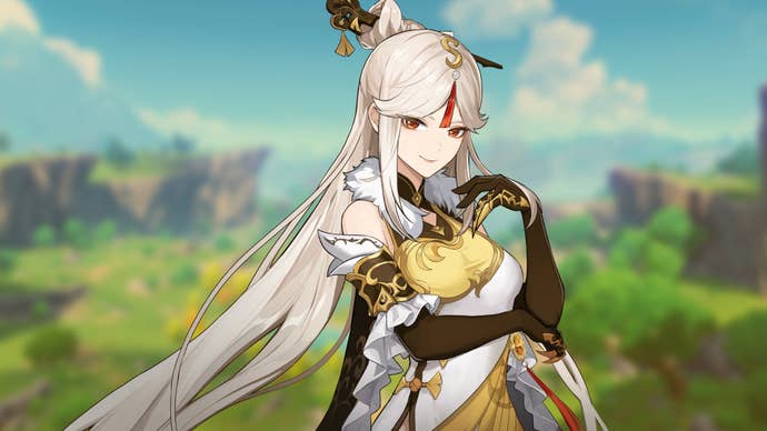 Promotional art of the character Ningguang from Genshin Impact.