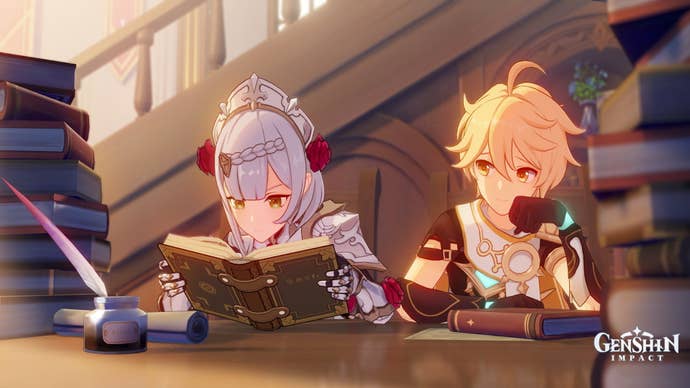Genshin Impact Noelle build: An anime woman in silver armor and a maid's apron sits at a desk with a book, next to an anime man with blonde hair