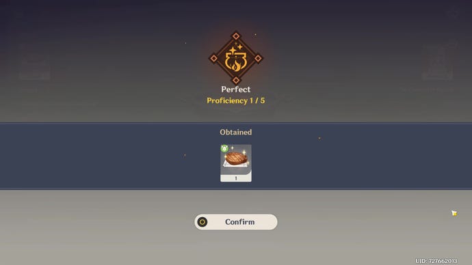 A pop-up notification in Genshin Impact informing that a Perfect Dish has been cooked and cooking proficiency has been obtained.