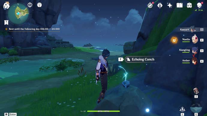 In Genshin Impact, Kaeya approaches an Echoing Conch as part of the Phantasmal Conch collection activity in the Summertime Odyssey event.