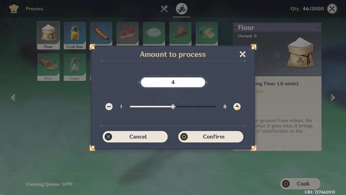 A pop-up overlay on the Genshin Impact cooking and processing menu, prompting you to process multiple items.