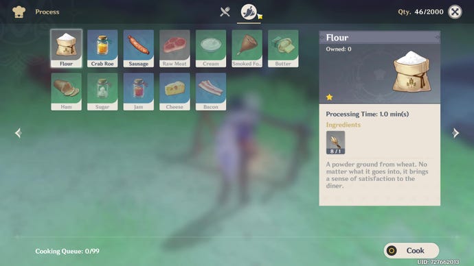 A menu screen showing all the cooking ingredients that can be processed in Genshin Impact.